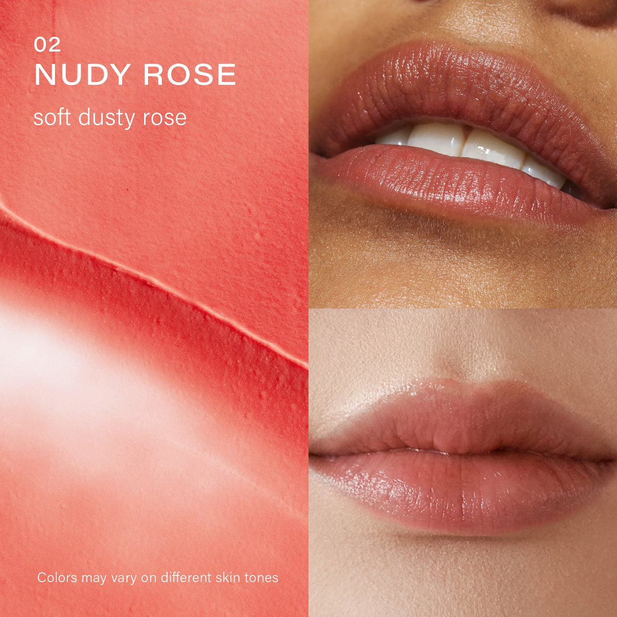 Vegan Lip Butter Duo — #02 Nudy Rose, soft dusty rose shade swatch on lips